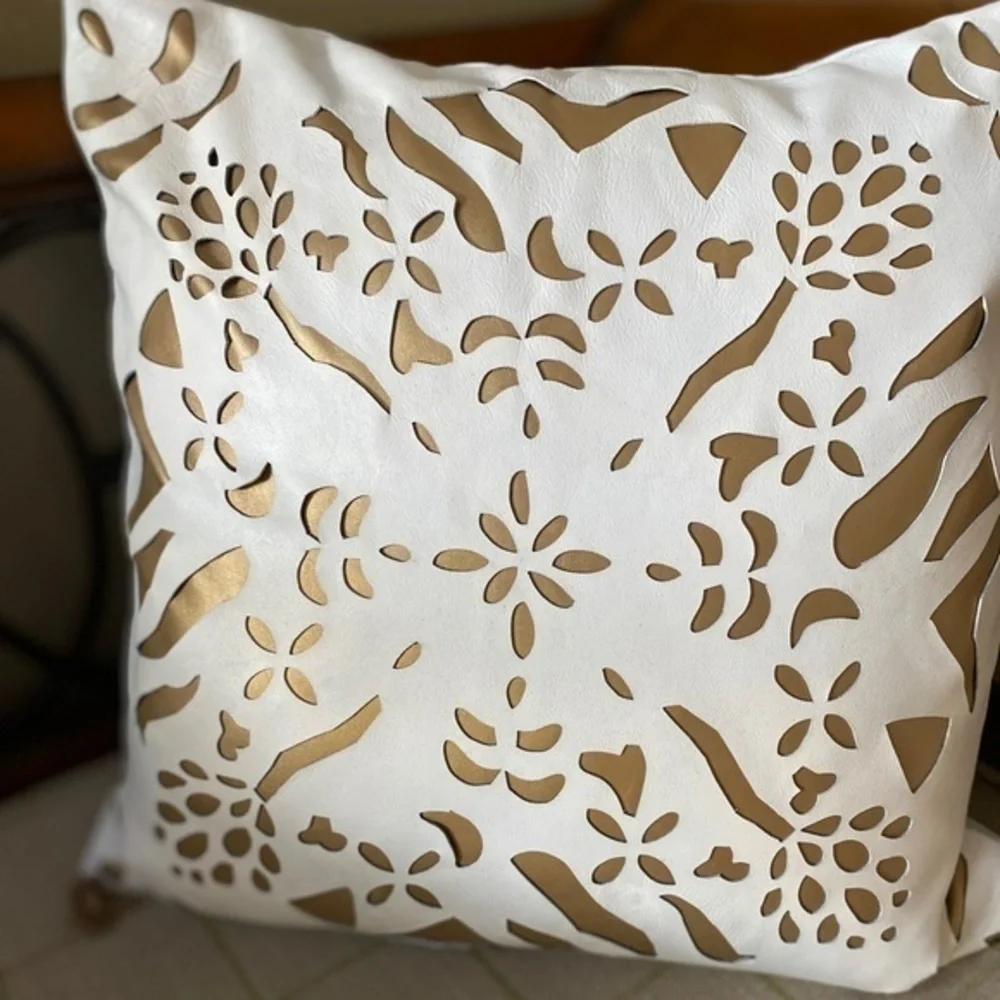 Anthropologie White Leather Gold Inlay Pillow